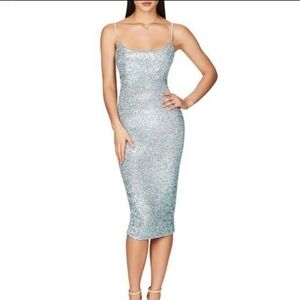 𝅺Nookie Sweet Nothings Spaghetti Strap Blue Sequined Midi Pencil Dress Size: XS